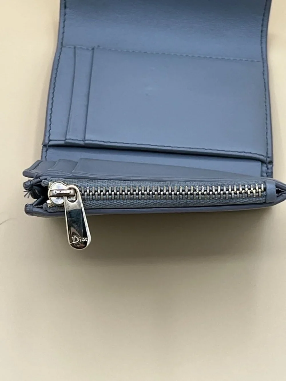 Christian Dior Light Blue Grained Leather CD Logo Compact Wallet Silver Hardware